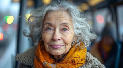 Obraz premium Joyful elderly woman in a warm coat and colorful scarf with a bright smile in an urban setting