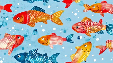 Colorful fish with intricate patterns swimming in a blue ocean background. This vibrant illustration is 