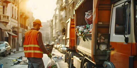 Fototapeta premium Urban garbage collector loading waste into recycling truck for municipal collection. Concept Waste Management, Recycling, Municipal Services, Garbage Collection, Urban Cleanup