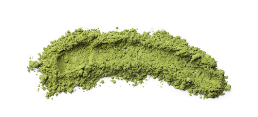Green matcha powder isolated on white, top view