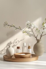 Cosmetic Product Display with Floral Accents Mockup