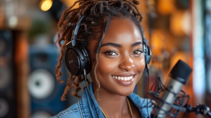 Young African American woman with dreadlocks and headphones smiles in recording studio environment