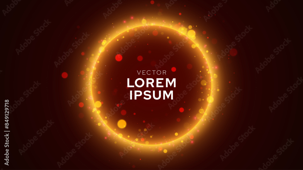 Poster Neon Circle Frame with Flying Light Bokeh Particles. Glowing Light Ring Circle Banner with Space for Text. Illuminated Realistic Night Scene. Futuristic Portal Concept. Vector Illustration.