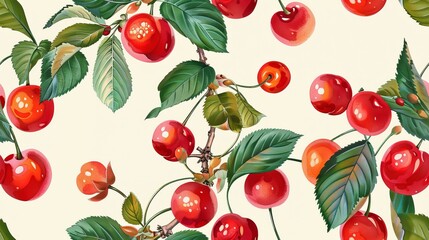 A beautiful pattern illustration of red cherries hanging from branches. The style is vibrant and fresh. Perfect for prints, wallpapers, 