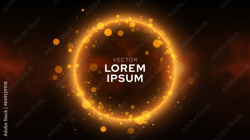 Poster Neon Circle Frame with Flying Light Bokeh Particles. Glowing Light Ring Circle Banner with Space for Text. Illuminated Realistic Night Scene. Futuristic Portal Concept. Vector Illustration.