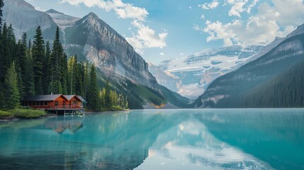 The image shows a beautiful mountain landscape with a lake, mountains and trees. The water is crystal clear and reflects the sky and mountains.