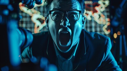 Man with glasses looking shocked at computer screen with map background. Emphasizes technology and emotion.