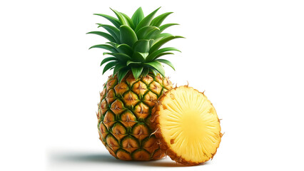 whole pineapple and a pineapple slice with leaves, isolated on a white background.