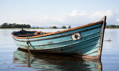 Small Blue Boat Floating on Lake