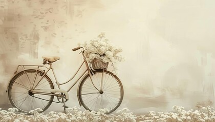 Obraz premium Retro bicycle with a basket of flowers, nostalgic, sepia tones, realistic illustration