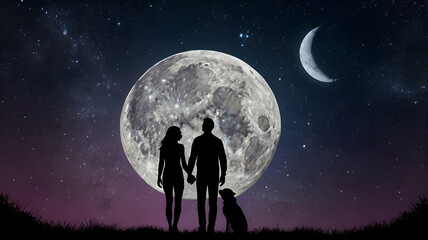 Couple in love looking at night sky with stars, couple in the night, couple on the moon