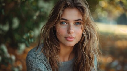 Fototapeta premium Young woman with wavy hair and captivating gaze in a natural setting gives off a trendy yet serene vibe