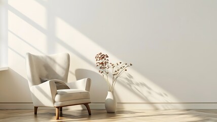The serene elegance of a living room interior featuring a comfortable armchair and tasteful furnishings, set against a pristine white wall, captures a harmonious blend of comfort and style.