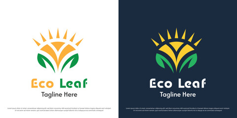 Fototapeta premium Leaf sun logo design illustration. Silhouette of circle shape eco synergy natural resources solar power. Simple flat icon symbol minimal geometric modern abstract nature.