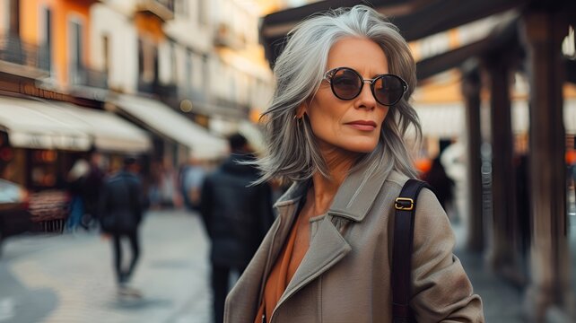 Capture the elegance of a trendy mature woman confidently walking outdoors in a bustling town, dressed in chic, modern fashion that complements her sophisticated style