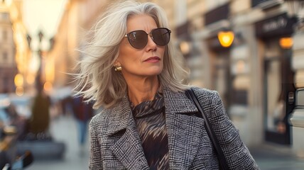 Capture the elegance of a trendy mature woman confidently walking outdoors in a bustling town, dressed in chic, modern fashion that complements her sophisticated style