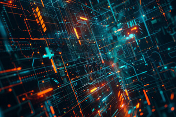 close up horizontal illustration of glowing cybernetic abstract background
