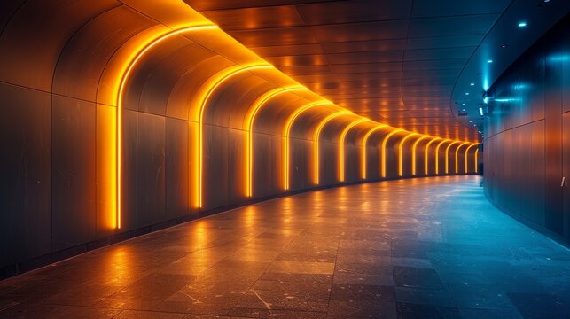 A curved futuristic corridor lit by radiant orange stripes creating a visually compelling walkway