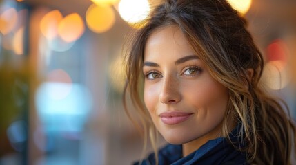 Fototapeta premium A stunning young woman charmingly smiles with beautiful blurred lights softly illuminating the background