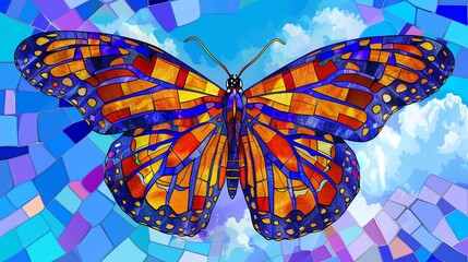 A beautiful stained glass butterfly with a blue background. The butterfly is made of many different colors, including orange, yellow, green, and blue.