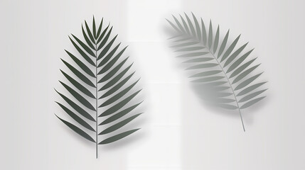 Fototapeta premium Realistic transparent shadow from a leaf of a palm tree on the white background. Tropical leaves shadow. Mockup with palm leaves shadow.