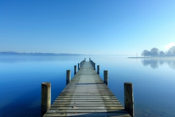 Obraz premium Tranquil Lakeside Pier under Clear Blue Sky