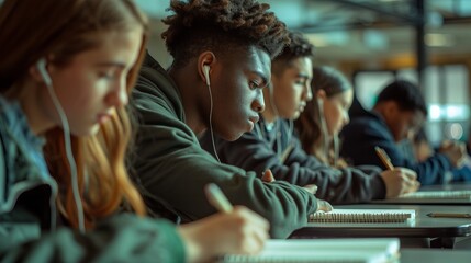 Students focused and studying in a classroom setting. The photo captures an educational and academic scene. Ideal for school promotions, online courses, and study-related content. AI