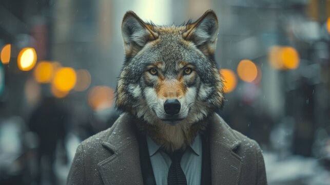 A visually striking image of an individual with a wolf head in a snowy city environment