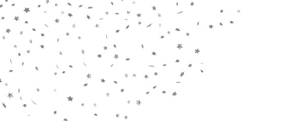 Abstract pattern of random falling silver stars on white background.