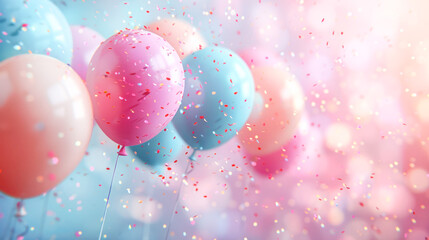 Balloon Celebration with Confetti. Colorful balloons surrounded by falling confetti, creating a festive and joyful atmosphere perfect for parties and celebrations.