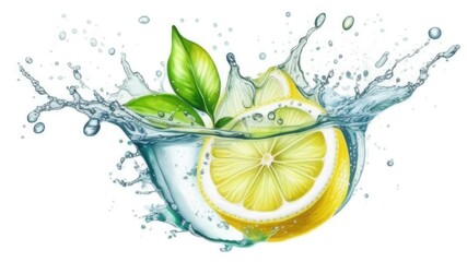 illustration the water with lemon with splashes on a white background. Detox and refreshing concept. Copy space. Watercolor picture. Drinking regime for health