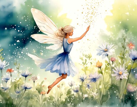 Fee mit Zauberstab auf Blumenwiese