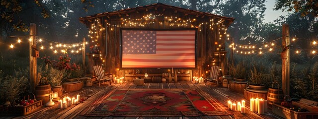 Obraz premium Outdoor Patriotic Movie Night with American Flag and String Lights Decor