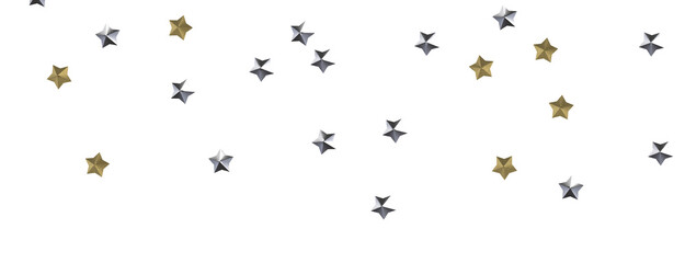 Banner with golden decoration. Festive border with falling glitter dust and stars.