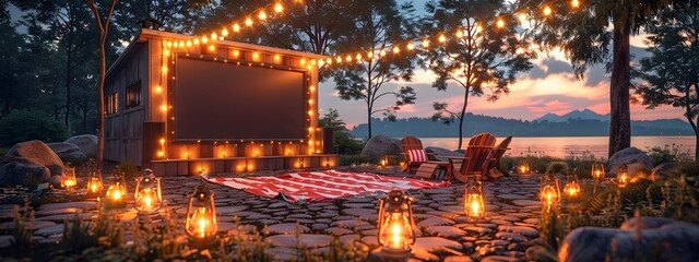 Obraz premium Cozy Outdoor Movie Night Under the Stars with Patriotic Film Screening and Campfire Ambiance
