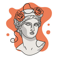 minimalist greek woman head statue with abstract floral illustration