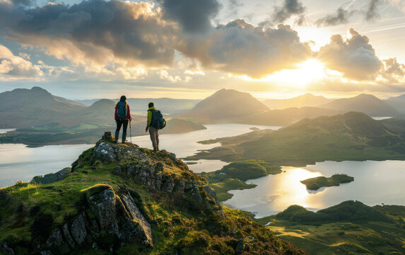 Two tourists standing on top of a mountain peak overlooking the lake district. The concept of travel, active lifestyle, extreme sports.