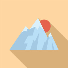 Minimalist illustration featuring a bright sun shining over blue mountains with snowcapped peaks, casting a long shadow