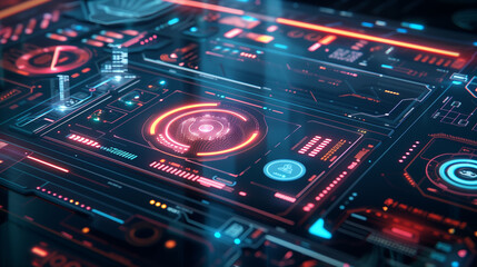 Obraz premium Sleek Futuristic Holographic User Interface for Managing Smart Home Systems, Featuring Advanced Controls and Intuitive Design