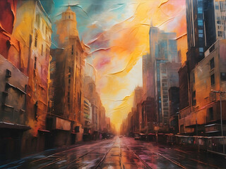 Naklejka premium Cityscape with abstract vibrant brush strokes