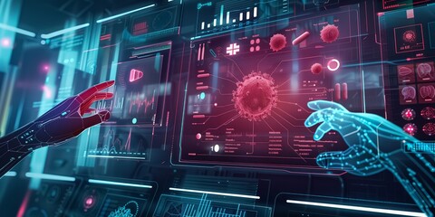 A futuristic interface showcases virtual research on viruses with holographic elements and hightech data visuals for advanced scientific analysis