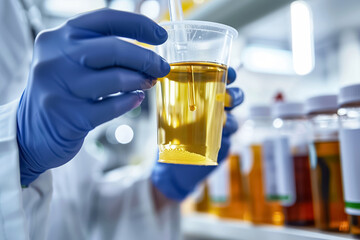 A scientist with gloved hands is carefully examining a yellow liquid sample in a plastic beaker in a laboratory, conducting analysis and research