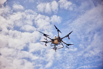 An agro drone flying in the sky, during the blooming season, spraying fields.