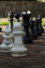 Big chess pieces on a chessboard outside in the garden.