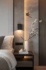Minimalist bedroom, gray tone, marble, mood lighting, lighting, flower pot, white and gray bedding, close-up