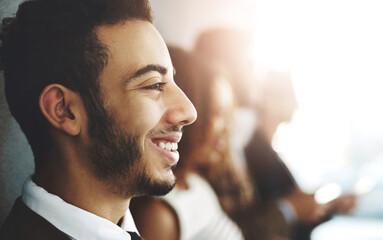 Business, man and profile or smile in office, thinking and happy in interview line up or job opportunity. Confident, recruiting and corporate or people waiting for hr, male applicant and hire process