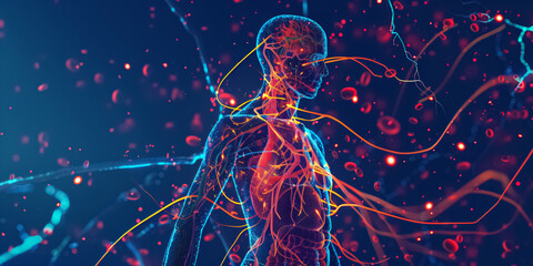 Visualization shows detailed blood vessels and nerves in the human body, revealing the complexity of anatomy in vascular and nervous systems