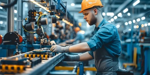 Photo of factory worker on sodium battery production line in car factory. Concept Industrial Photography, Sodium Battery Production, Factory Worker, Car Manufacturing, Technology Innovation