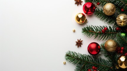 Christmas card with fir tree decorations and empty space on a white backdrop