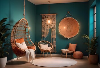 interior design style- reading nook with a hanging rattan chair, cozy floor pouf, and a macrame wall hanging